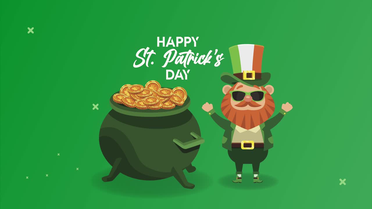 feliz día de san patricio letras con personaje duende y caldero del tesoro