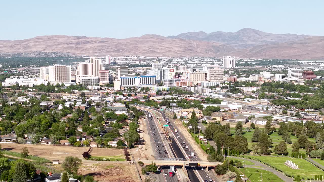 Reno Nevada USA Cityscape Skyline and Interstate HIghway Traffic, Drone Aerial View