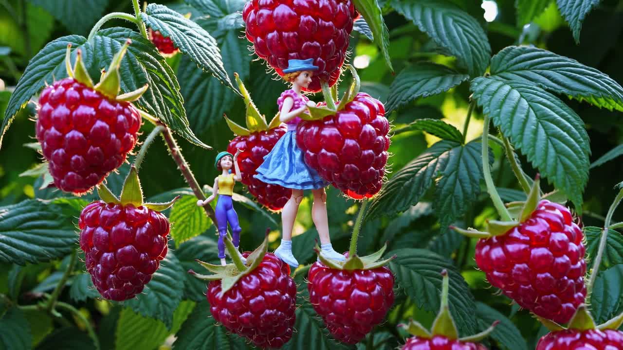 Miniature farmers harvesting giant raspberries on a sunny day create a whimsical scene, emphasizing the playful contrast between small figures and oversized fruit