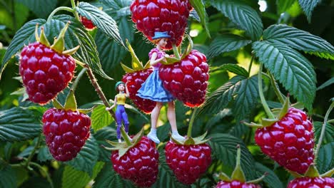 miniature farmers harvesting giant raspberries on a sunny day create a whimsical scene, emphasizing the playful contrast between small figures and oversized fruit