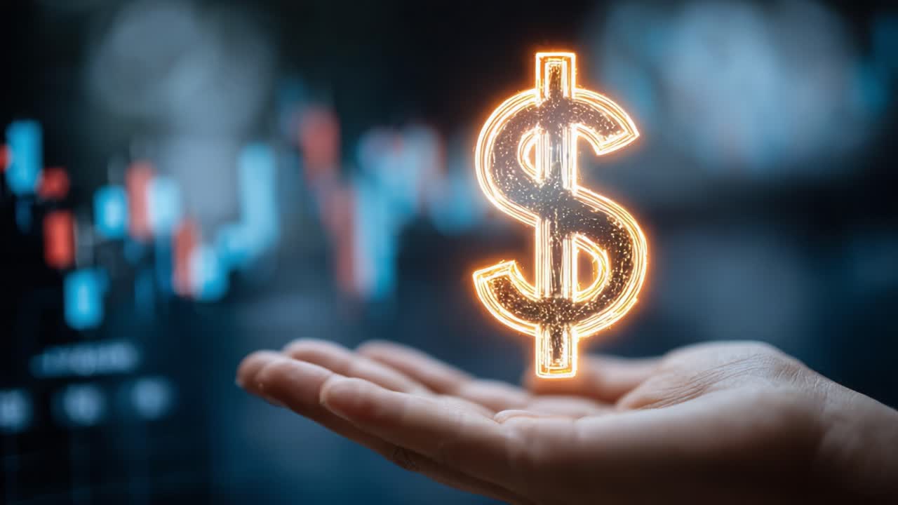 The Symbol of Wealth: Illuminated Dollar Sign Grasped in Hand Against a Backdrop of Financial Data Demonstrating Economic Trends and Market Insights