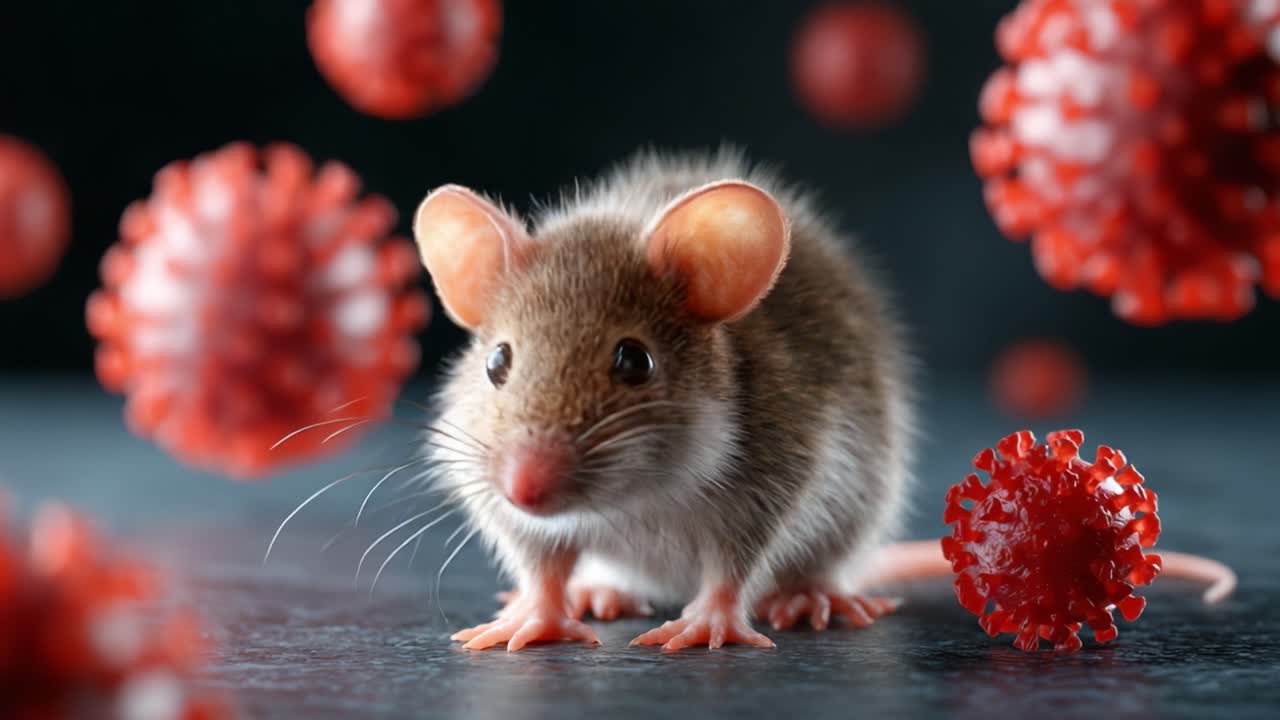 Un'esplorazione ravvicinata di un topo circondato da particelle virali: il ruolo dei topi nella ricerca medica e negli studi sui virus.