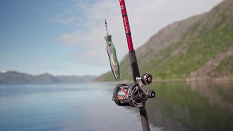 fishing tackle with spinning rod and lures on a bright day background in norway - close up shot