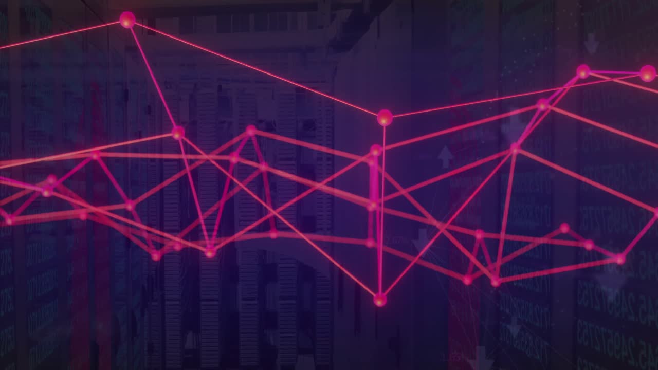 Animation of connected dots and arrows over data server systems in server room