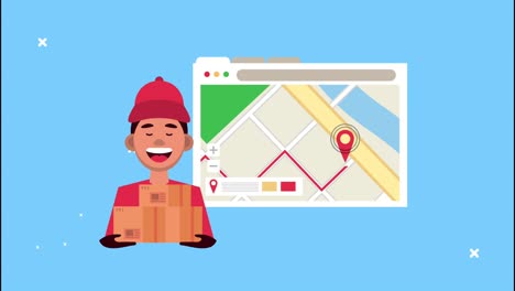 servicio logístico de entrega con guía de mapas en la plantilla de la página web y caja de elevación de trabajadores