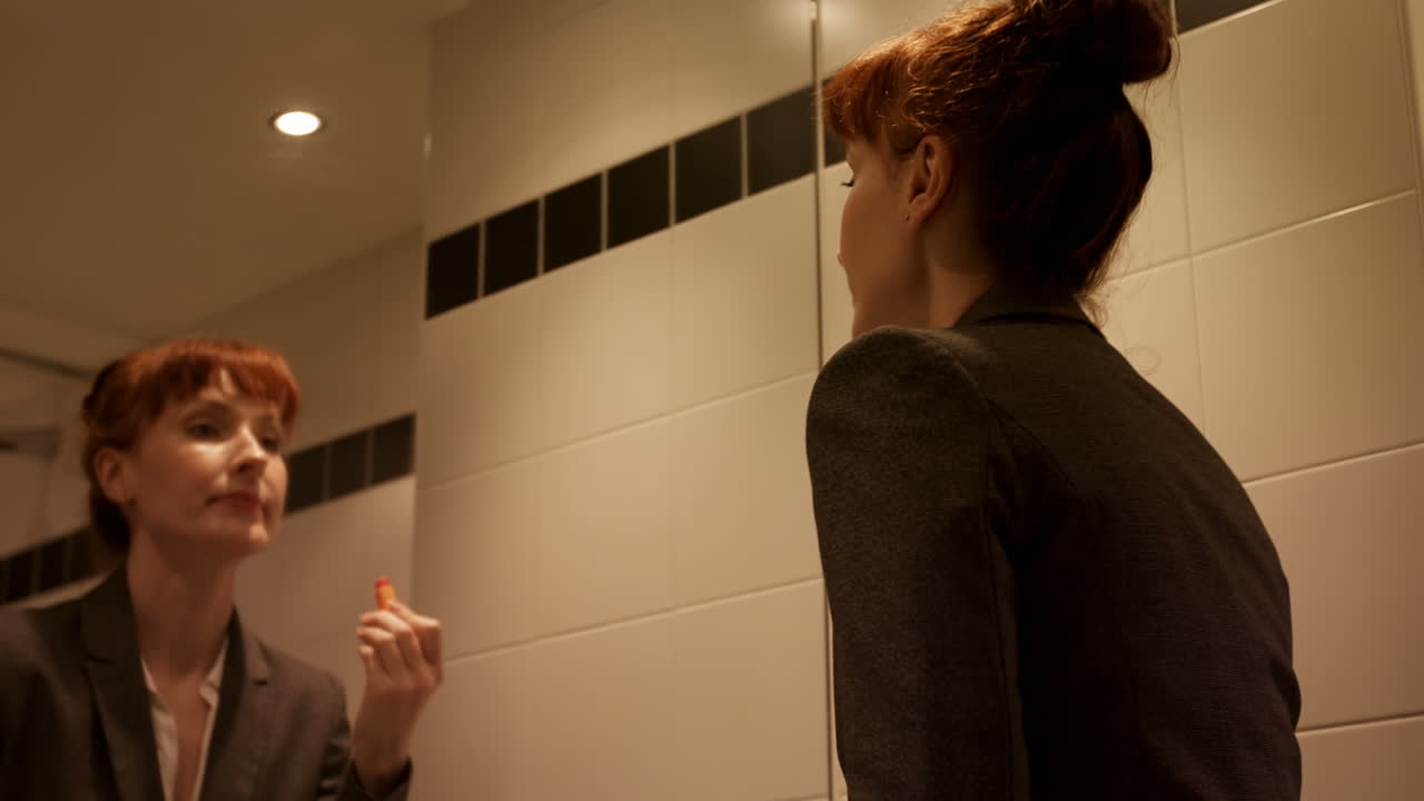 중년 백인 사업가 여성이 호텔 4k의 거울 앞에서 입술에 립스틱을 쓰고 있습니다.