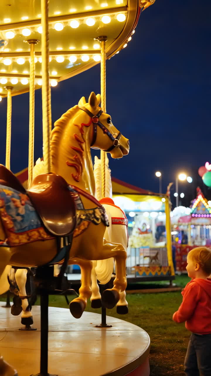 Children enjoying a brightly lit carousel at a night fair