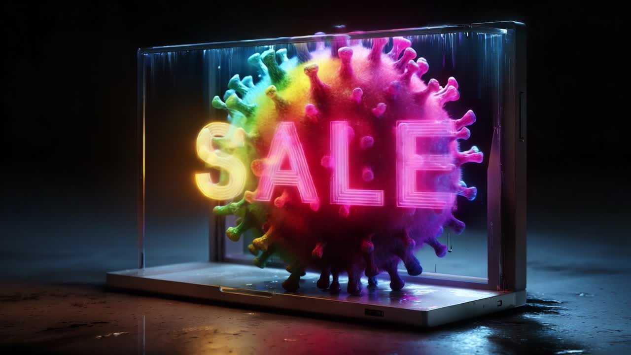 Vibrant and Futuristic Display Featuring a Colorful Virus Model with Neon 'SALE' Sign, Captivating Attention with a Unique Artistic Interpretation of Health and Commerce