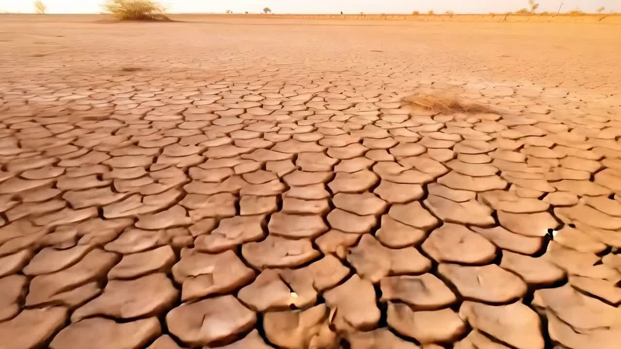 Aerial video of cracked desert landscape, showcasing dry, textured earth under warm light