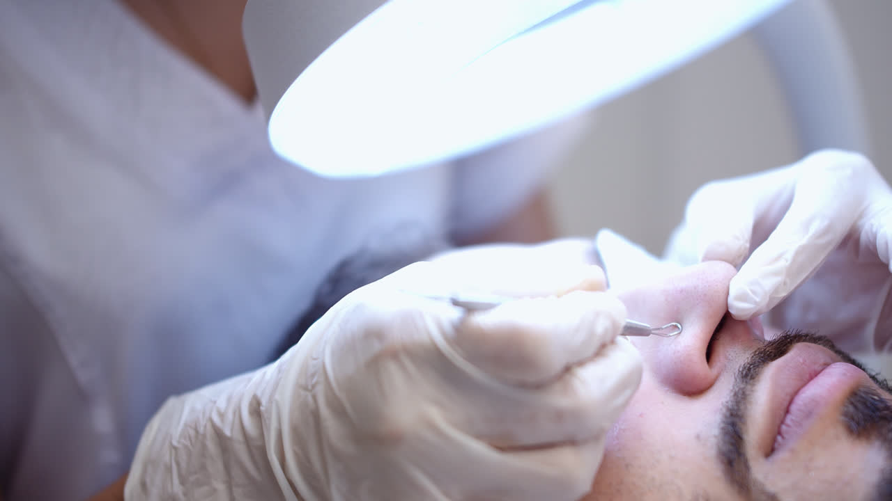 Beautiful slow motion close-up shot of a young male patient's face as a nurse removes blackheads and blemishes from his nose during a dermatology treatment in a clinic.