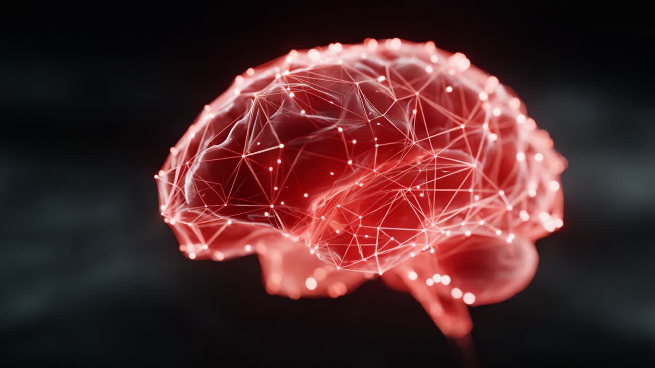 Una impresionante visualización 3D de un cerebro humano destacando las conexiones y redes neuronales, simbolizando la inteligencia, los procesos de pensamiento y la funcionalidad cognitiva avanzada.