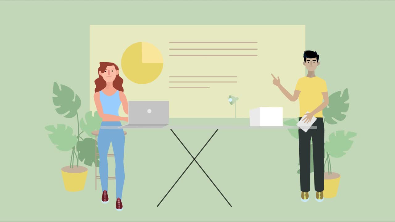 Workers at a project exhibition with graphics, 2d animation