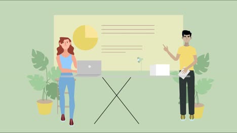 workers at a project exhibition with graphics, 2d animation
