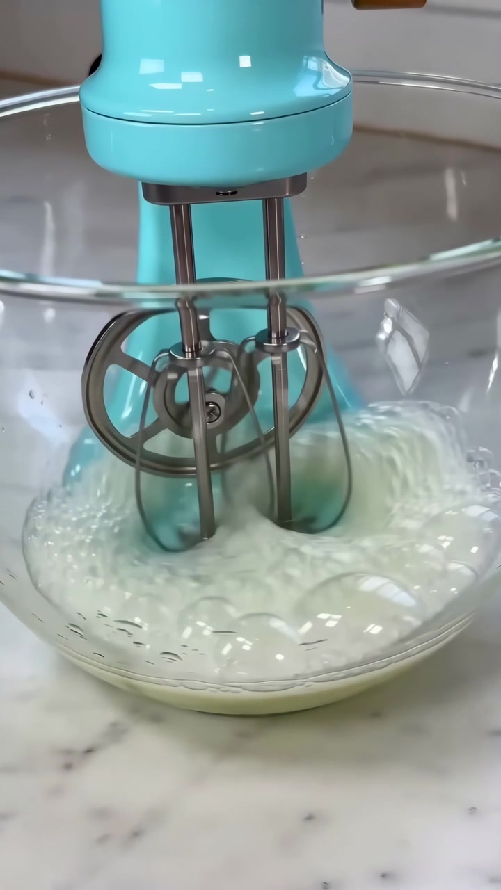 Chronological summary of kitchen mixing sequence from start to near finish: turquoise electric hand mixer positioned center-top of frame lowers dual