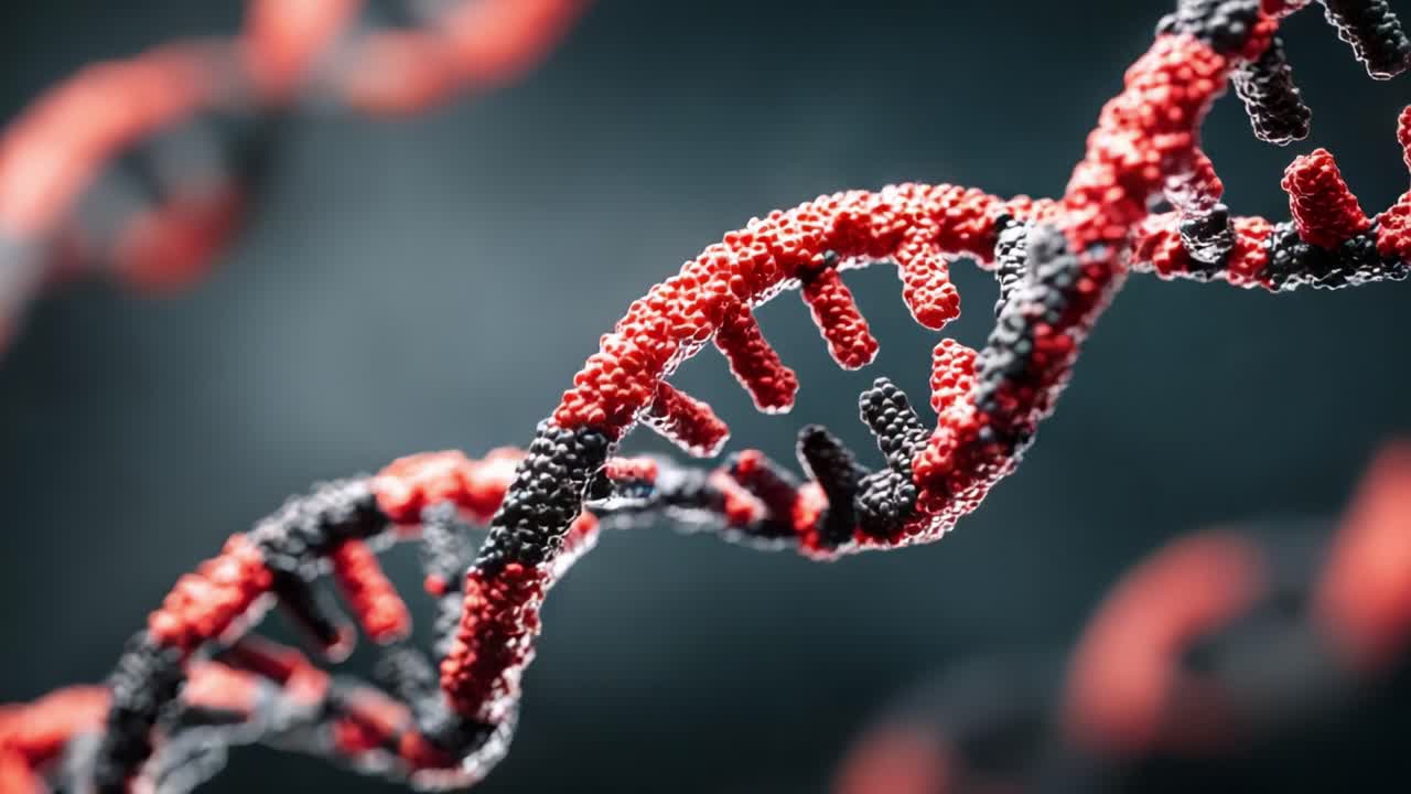 Colorful Representation of DNA Helix Structure Showcasing Red and Black Nucleotide Components in a Laboratory Setting, Highlighting Molecular Biology Concepts