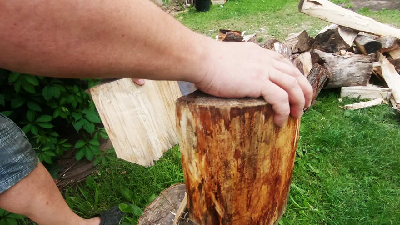 Forged Wooden Wedge Split the Block in Half. Slow Motion Shot