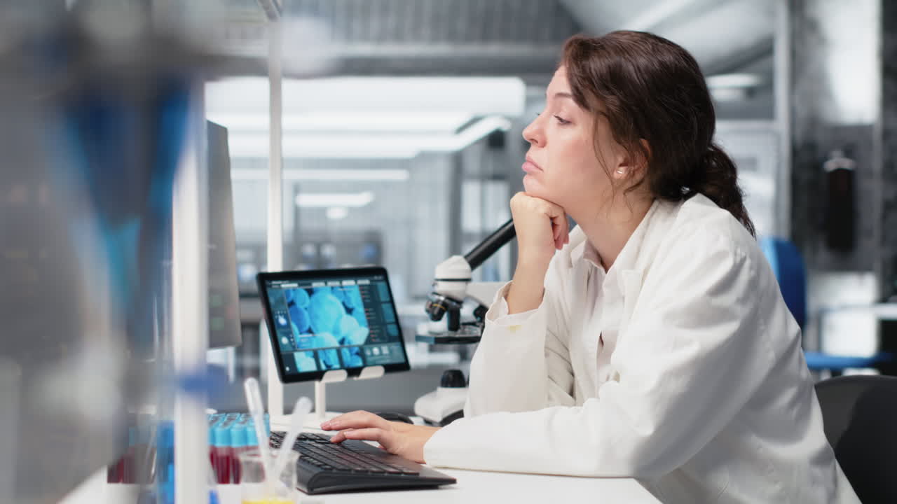 Vertical video Bored medical laboratory technician using computer application