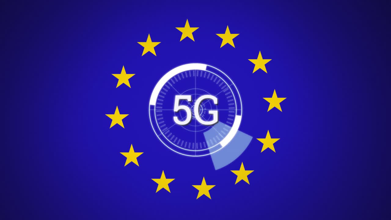 5G text over circle against yellow stars spinning