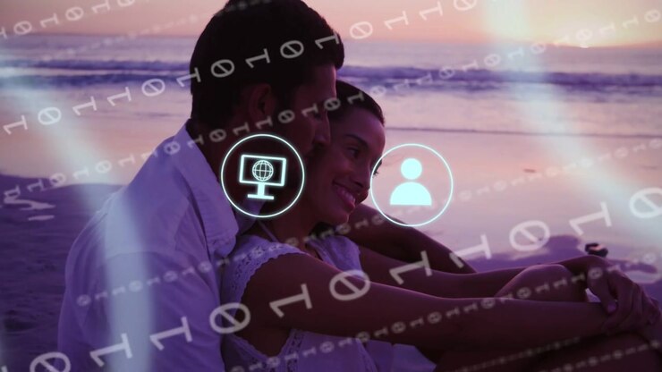 Couple leaning on beach binary stream causing overlaying app icons then receding showing tech link