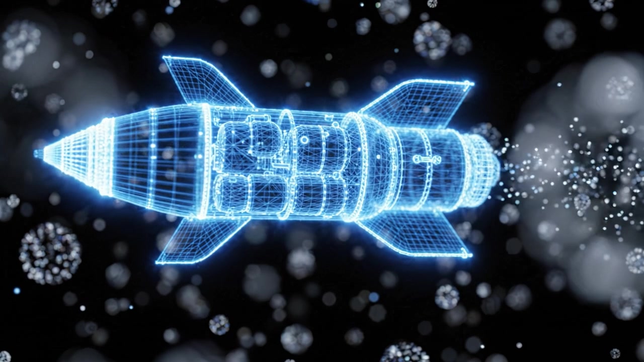 Un design futuristico di un razzo digitale viaggia nello spazio, mostrando intricati dettagli wireframe e una propulsione energetica in un ambiente cosmico.