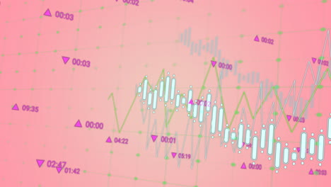 animation of statistical data processing over grid network against pink background