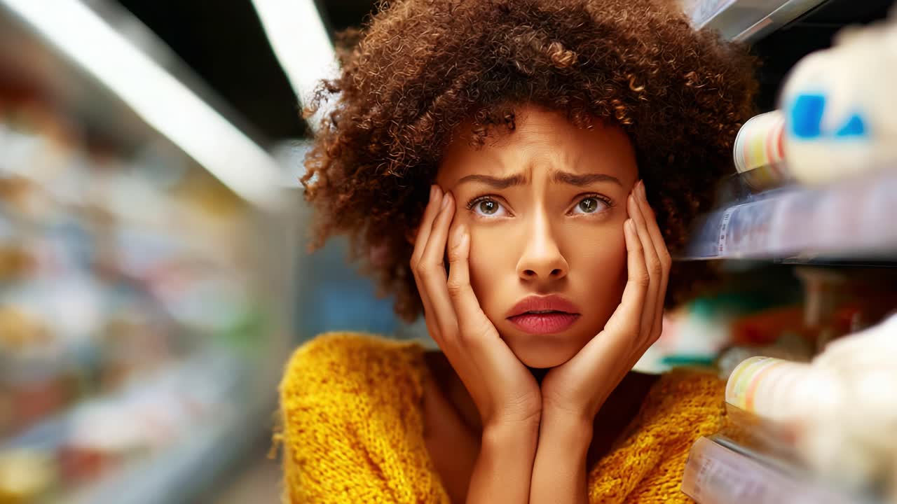 A woman in a grocery store exhibits signs of distress and contemplation, showcasing a moment of vulnerability amidst the bustle of everyday shopping routines