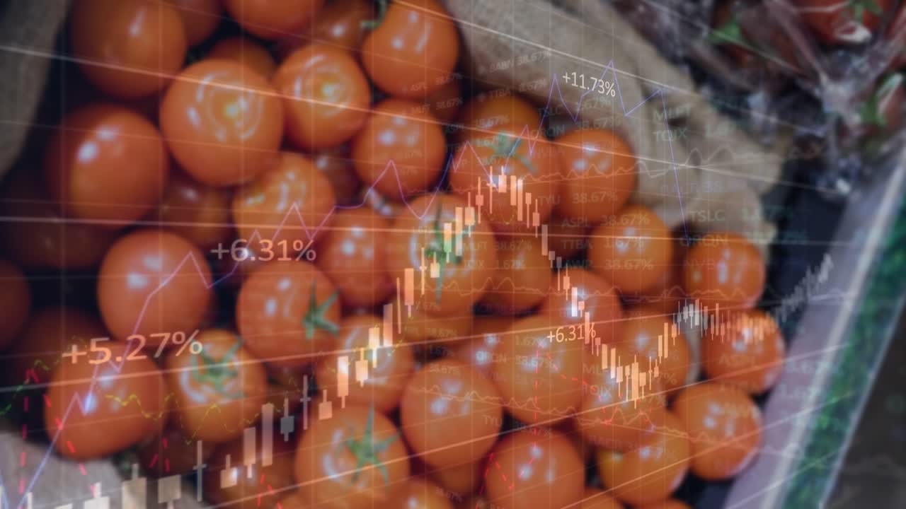 On play starting data overlay animating over red tomato pile, bars sliding, showing market trends