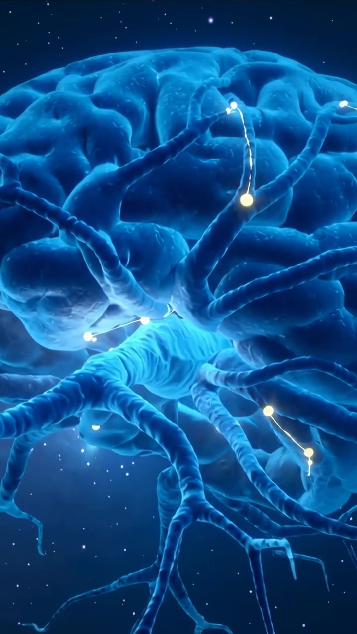 Vertical video: Rotating brain model in dark space showing pulsing nodes along neurites signaling