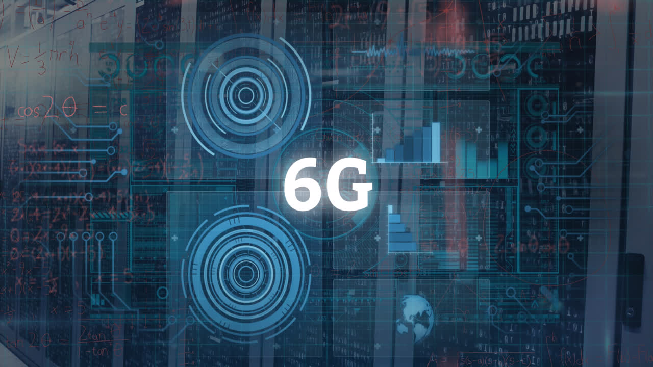 Animation of 6g text, scopes scanning and data processing over computer servers