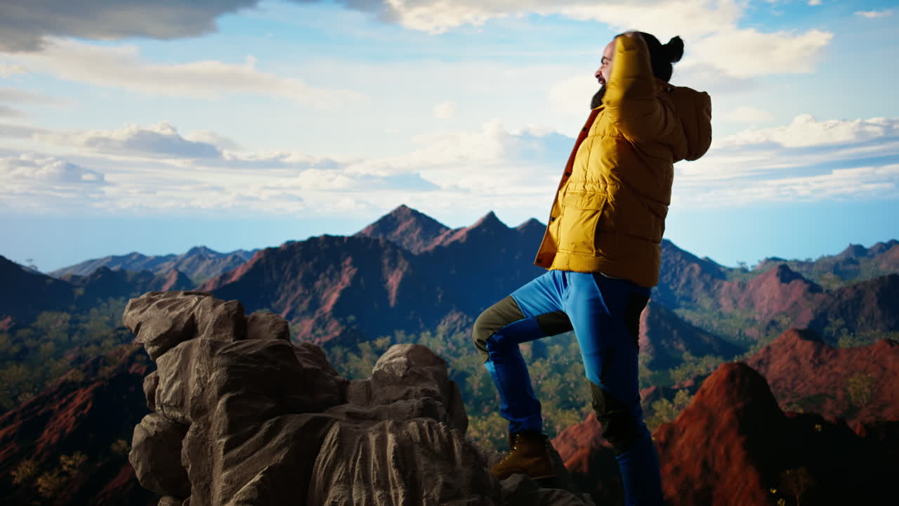 el buscador de aventuras satisfecho se encuentra en la cima de una montaña altísima