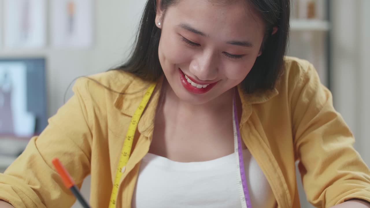 미소 짓는 아시아 여성 디자이너가 스튜디오에서 옷을 디자인하는 것을 즐기고 있습니다.