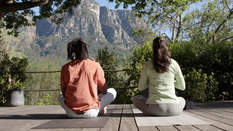 vista trasera de una pareja diversa practicando meditación de yoga sentada en la naturaleza soleada, cámara lenta