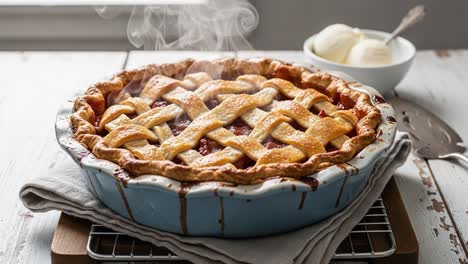 a delicious homemade pie with a flaky lattice crust being served, freshly baked and steaming, accompanied by a bowl of ice cream