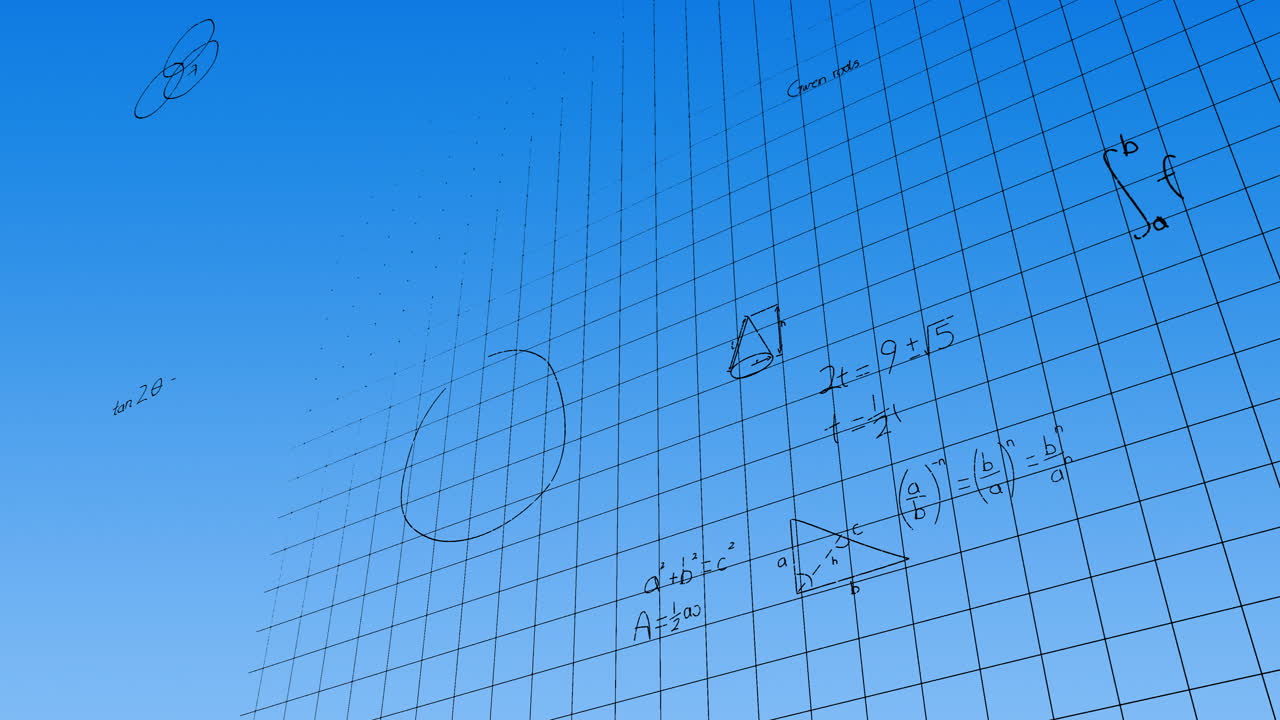 파란색 배경 위에 수학적 데이터 처리의 애니메이션