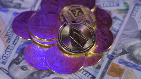 cryptocurrency eos coin on dollar bills warning police