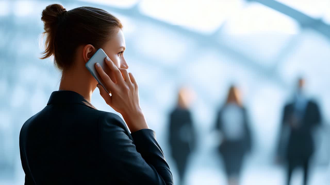 Una donna d'affari impegnata in una telefonata mentre delle silhouette camminano sullo sfondo in un ufficio moderno