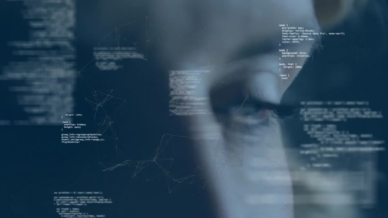 Animation of data processing over eyes of caucasian woman