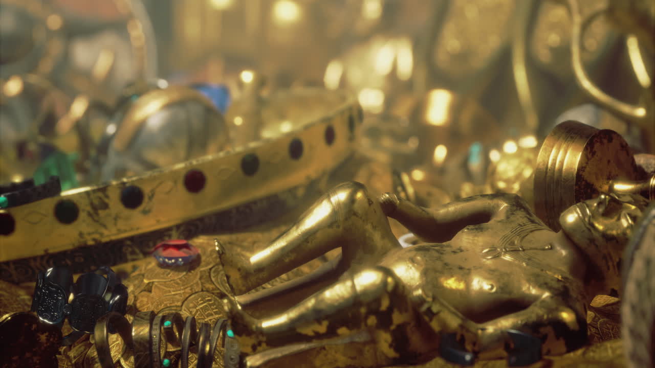 Golden artifacts and gems in a treasure chest in a mystery setting