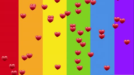 Animation-of-hearts-floating-over-rain-bow-flag