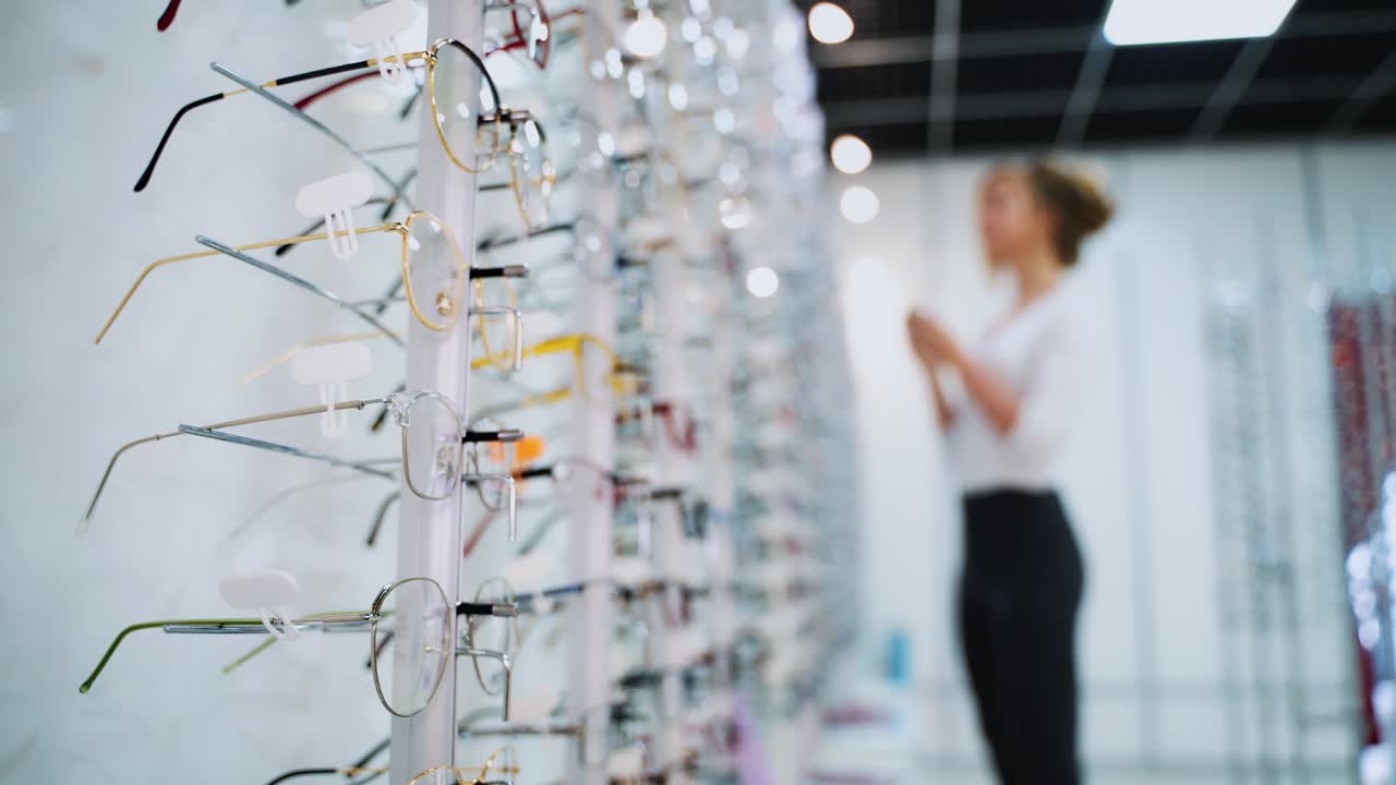 Stand with glasses in the store of optics. Beautiful girl in glasses on a background. Eyesight correction. Optics