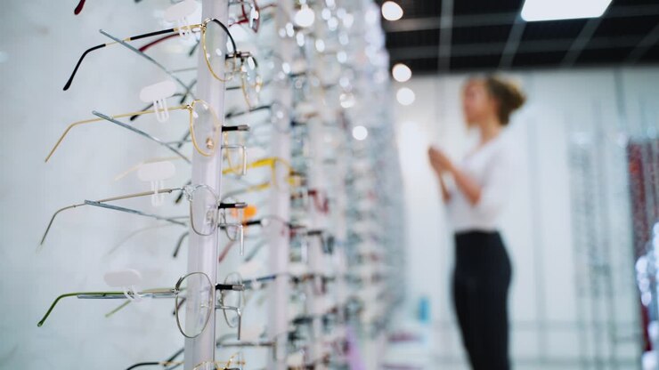 Stand with glasses in the store of optics. Beautiful girl in glasses on a background. Eyesight correction. Optics