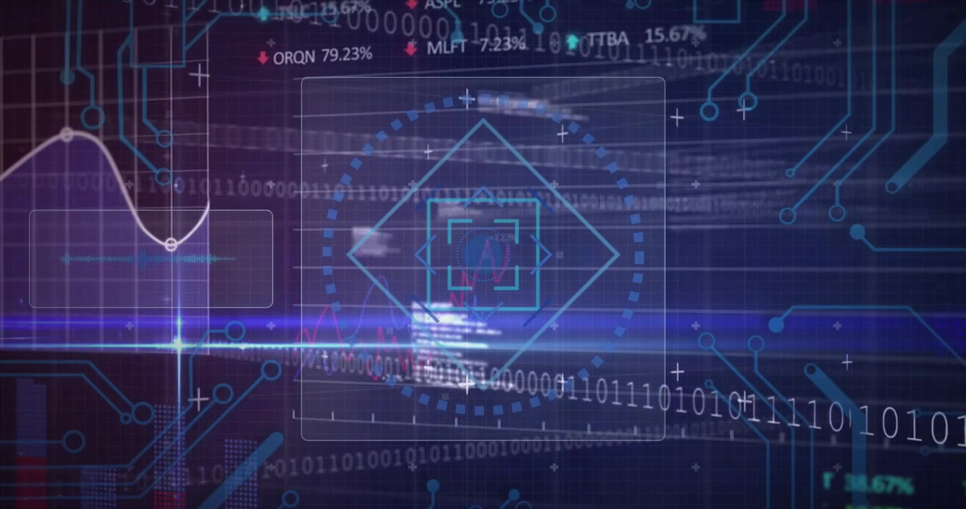 Digital Data Interface with Binary Code and Financial Graphs