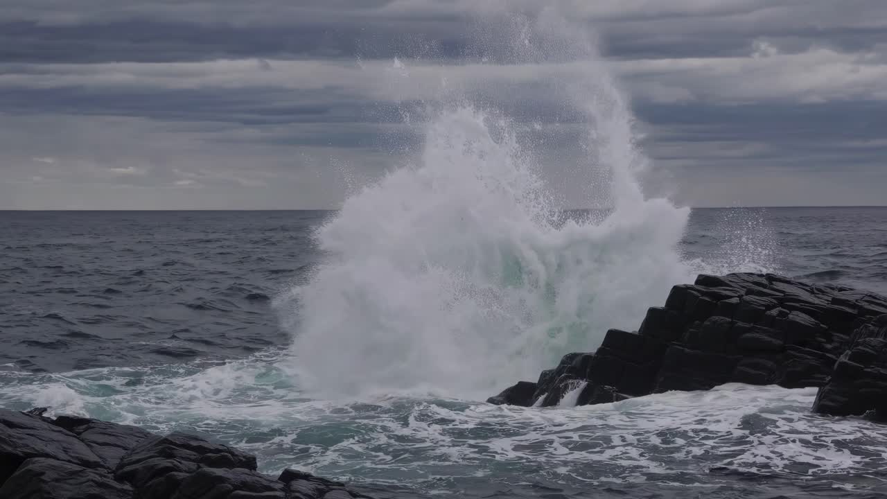 A dramatic video captures waves crashing against rocky cliffs under a moody sky, shot from a low