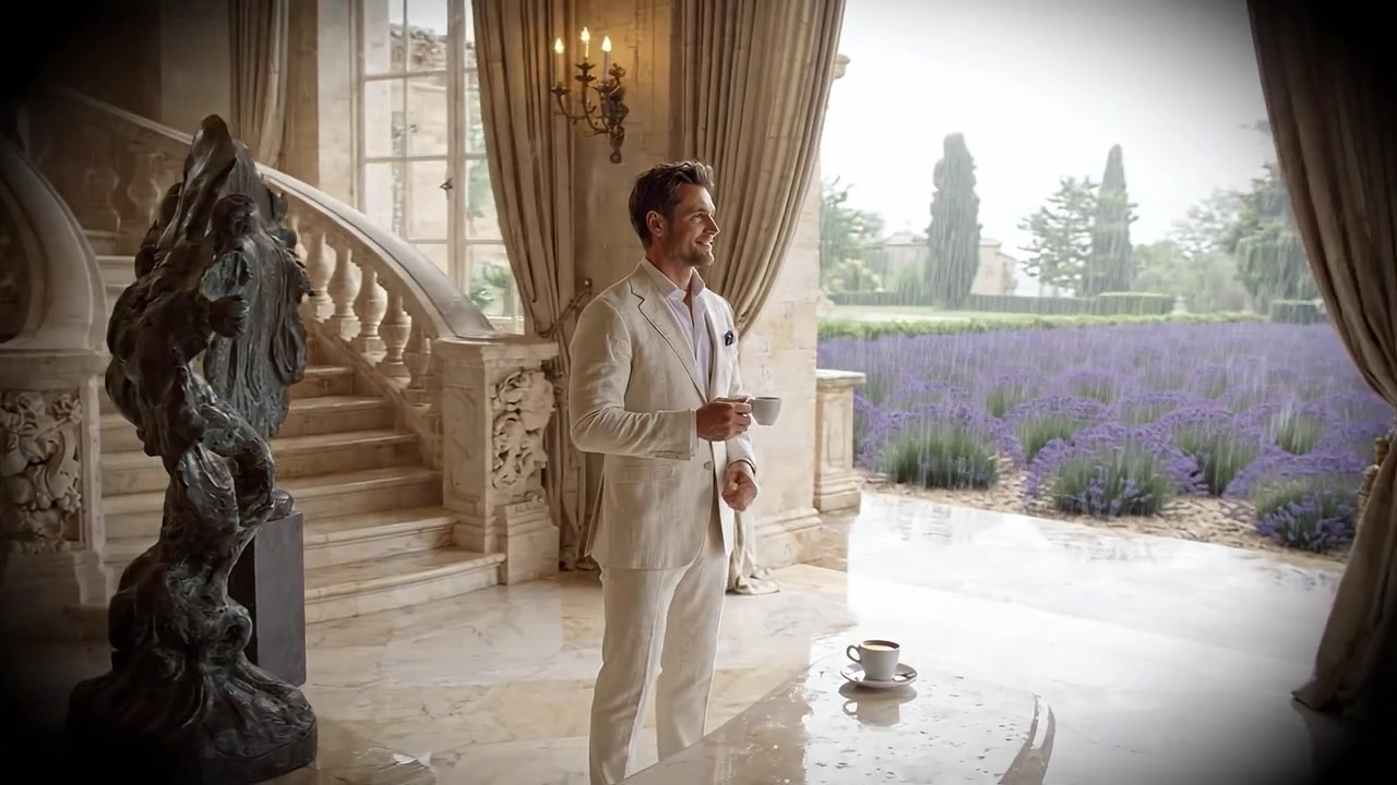Uomo elegante in abito bianco si gode un caffè accanto alla finestra, circondato da interni sontuosi e sculture artistiche, mentre ammira splendidi campi di lavanda all'esterno