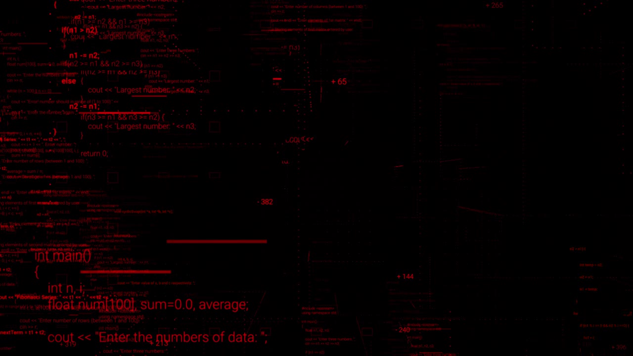 volando hacia atrás a través de los símbolos del código informático. animación. ciberespacio abstracto con múltiples opciones de color rojo sobre fondo negro, bucle sin costuras