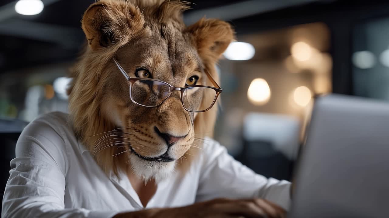 Løve med briller sidder ved en bærbar computer, fokuseret, professionel. Forretningskoncept: lederskab, intelligens, moderne arbejdsplads. Varm belysning, sløret baggrund, blødt fokus. Vild, men rolig, koncentreret.