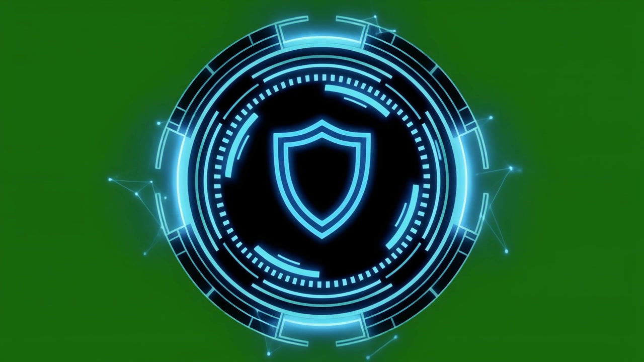 Futuristic Digital Shield Icon with HUD Animation on Green Screen
