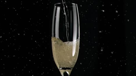 Animation-of-white-spots-over-glass-of-champagne-on-black-background