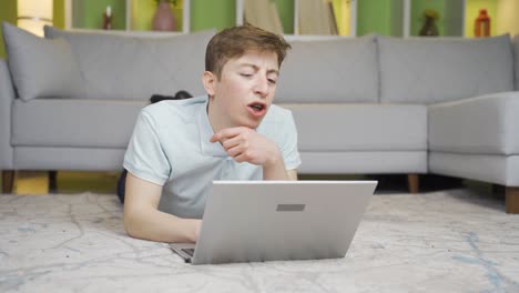 young man talking facetime on laptop at home.