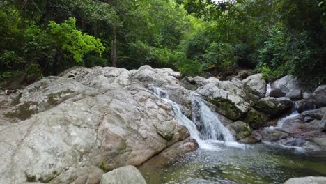 waterfall flowing over lush dense jungle rainforest rocky stream in minca columbia moving deeper through foliage